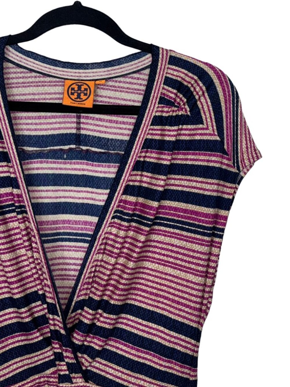 Tory Burch 100% Silk Magenta & Blue Striped Cap Sleeve Dress - Size XL
